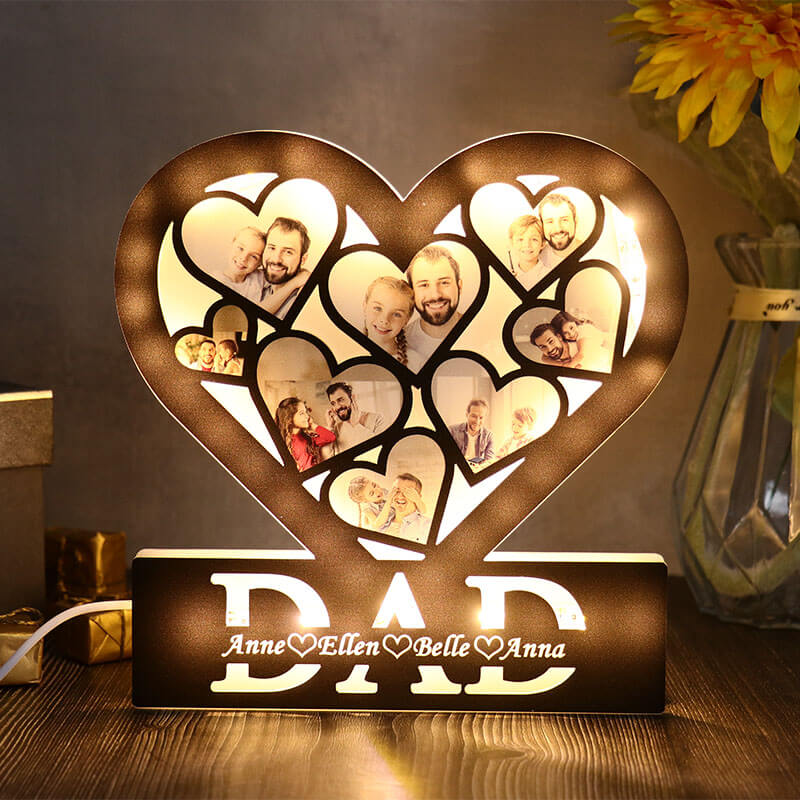 Lampada acrilica personalizzata a forma di cuore con foto di papà